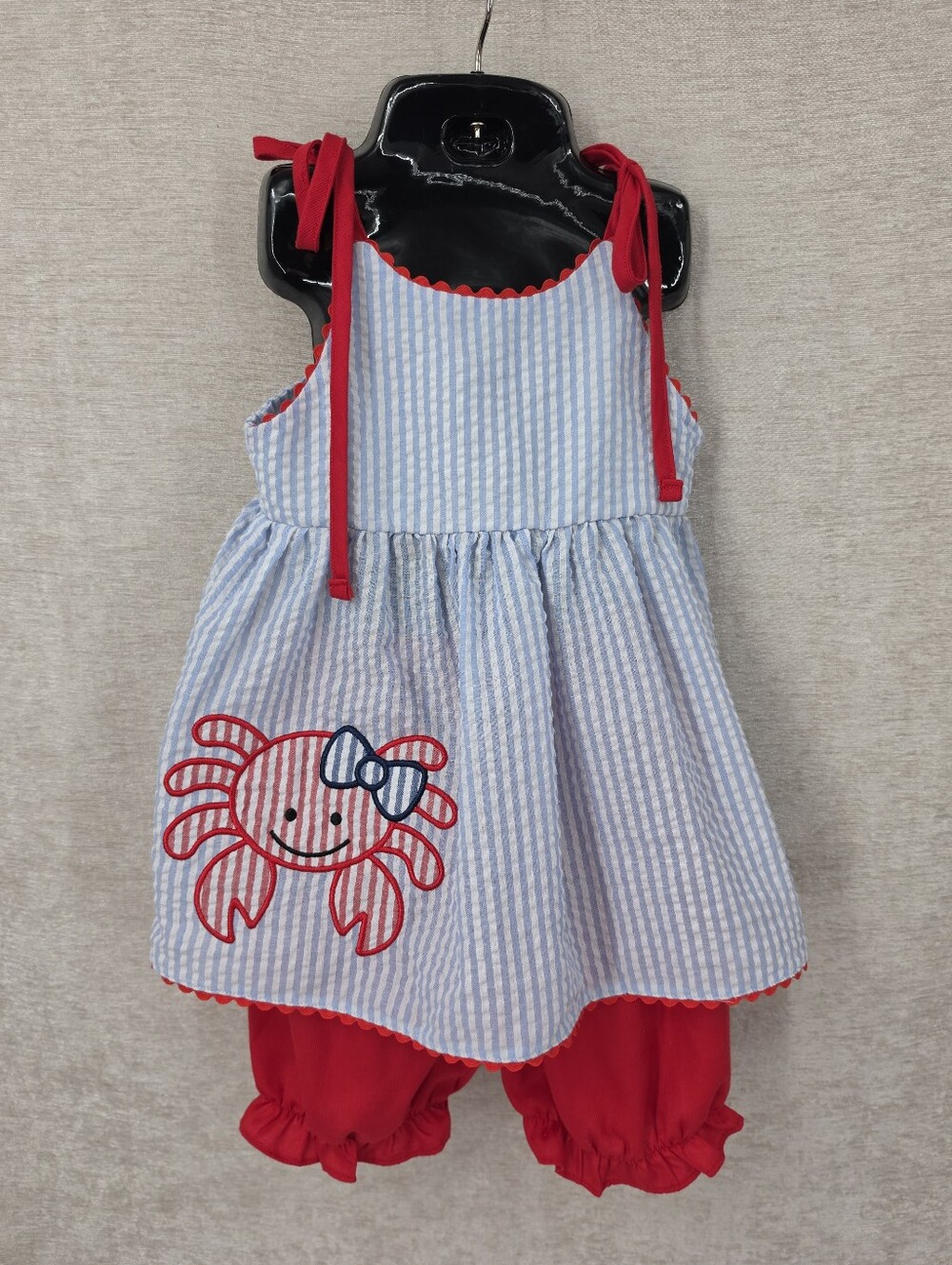 The Smocked Flamingo Girls Seersucker Crab Tie Back Top with Red Bloomer Set